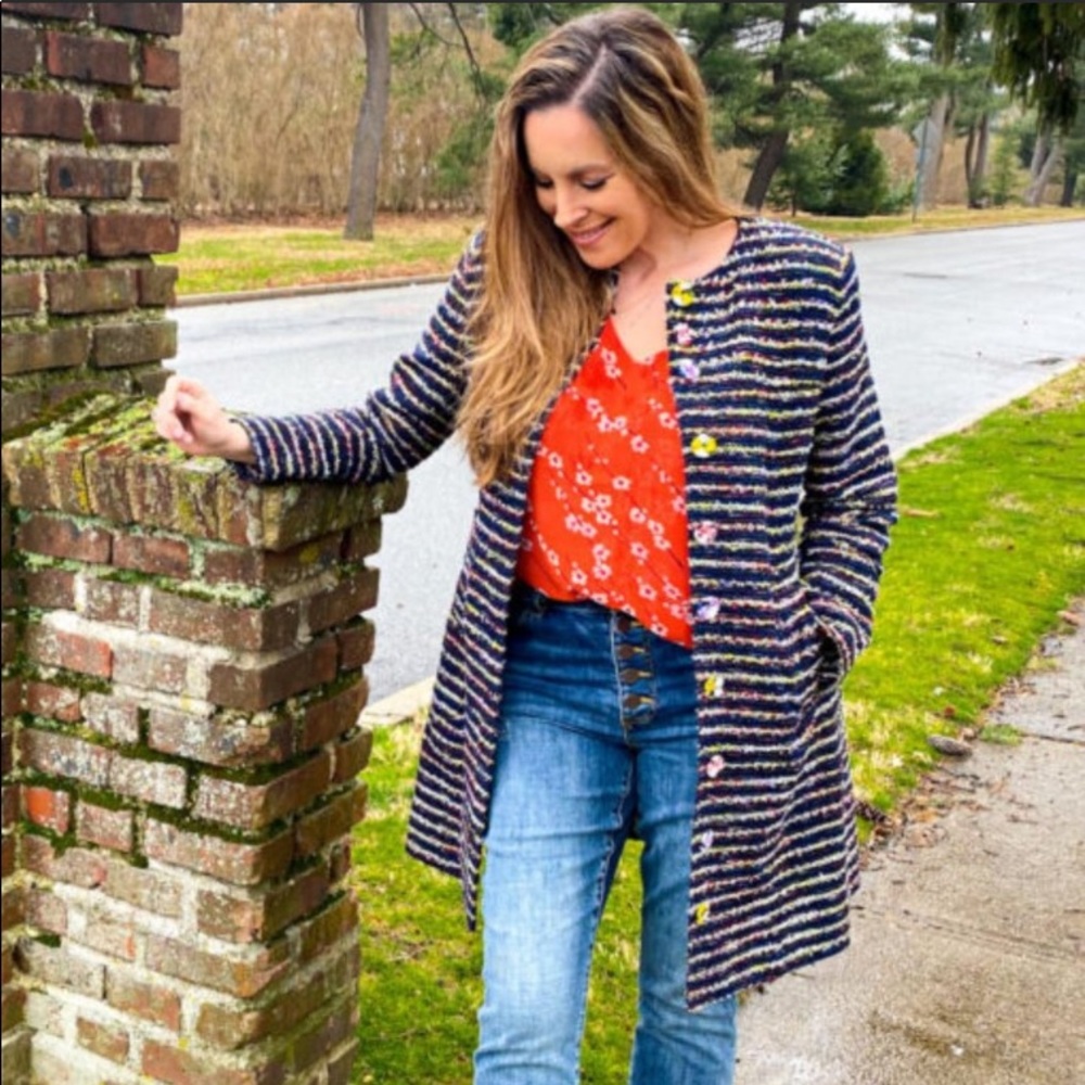CAbi Headline Topper Navy stripe coat, style 5660, cotton blend